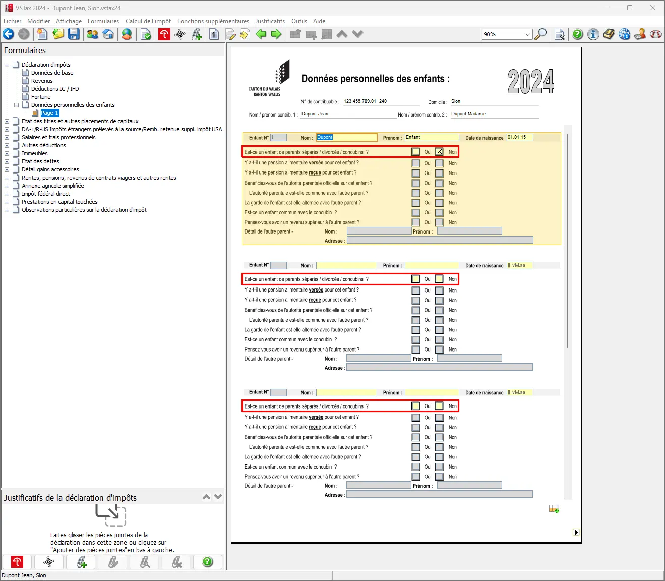 Formulaire 'Détails sur les enfants' avec sélection concernant la garde, les pensions alimentaires et la garde alternée