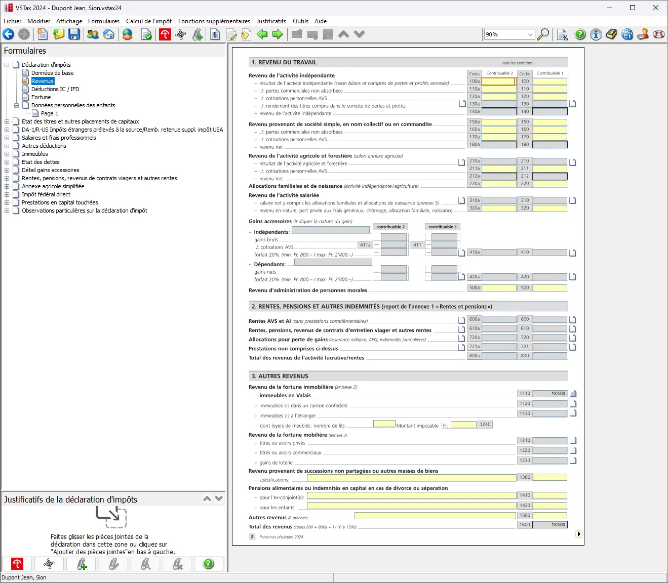 Aperçu des revenus avec les revenus professionnels, les retraites et autres types de revenus