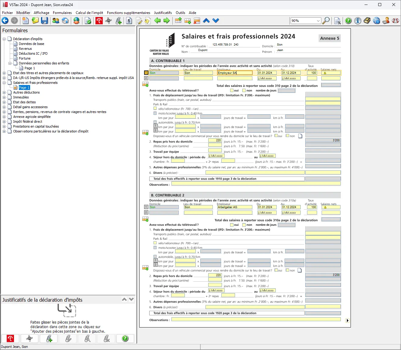 Formulaire 'Salaires et frais professionnels' pour indiquer le lieu de travail, l'employeur et le salaire net