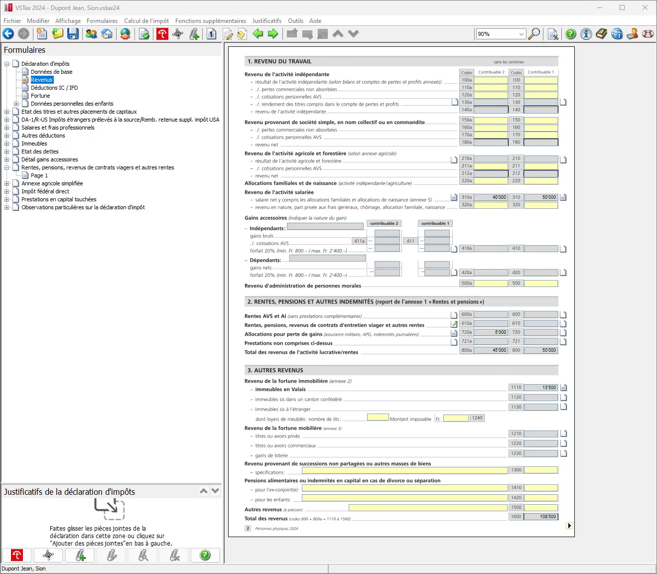 Aperçu des revenus avec les revenus professionnels, les pensions et autres types de revenus dans le même formulaire