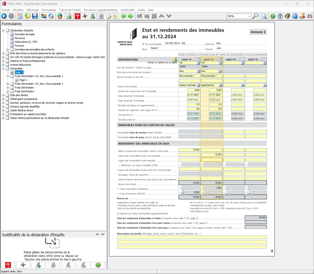 Résumé des revenus immobiliers avec revenu net par objet et report dans la déclaration d'impôt