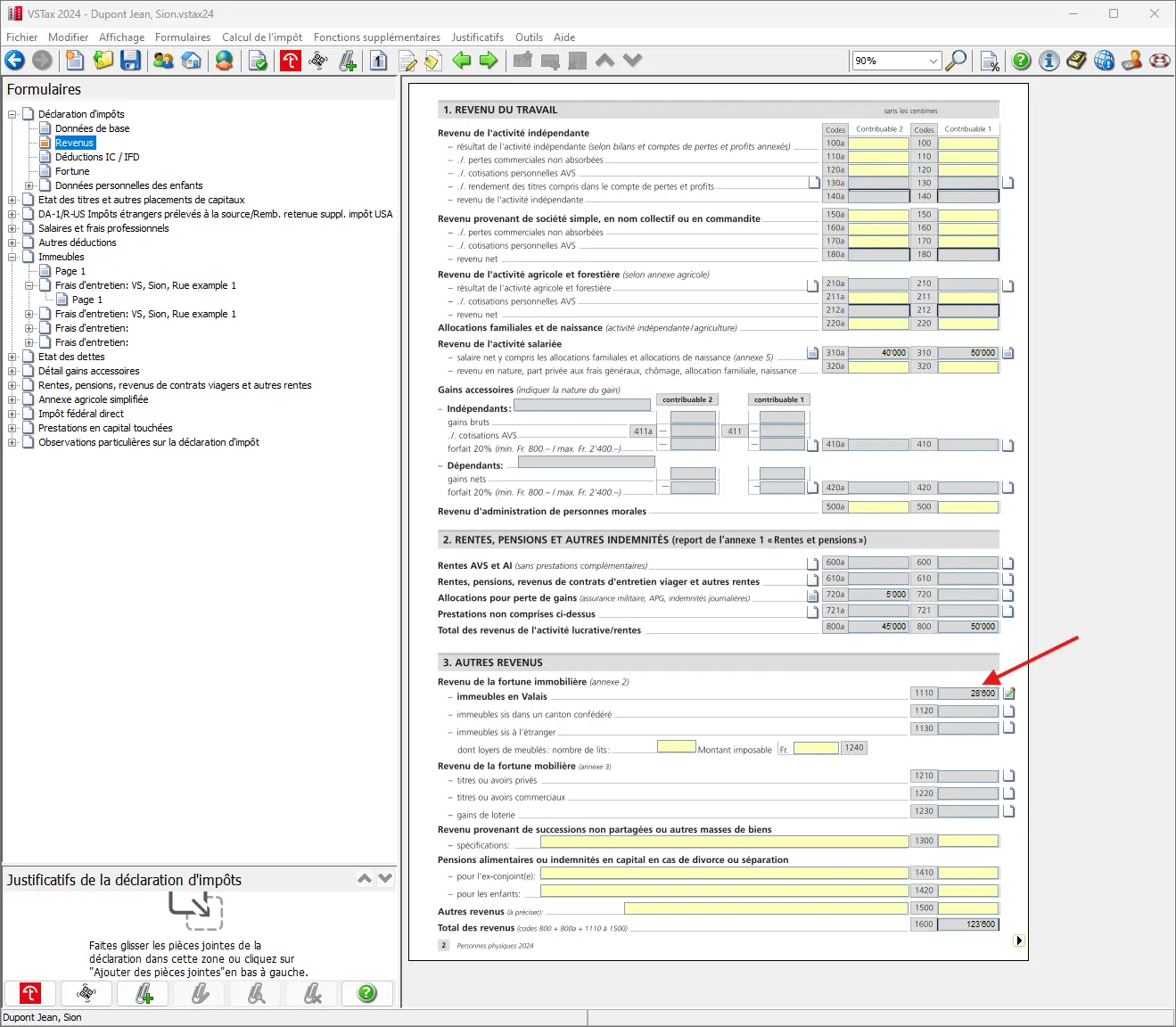 Récapitulatif des revenus avec mise en évidence des revenus des biens immobiliers dans le canton du Valais