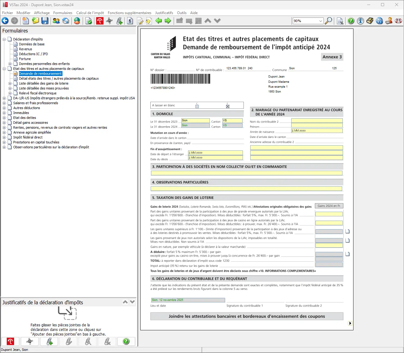Demande de remboursement de l'impôt anticipé avec informations sur le domicile, les titres et les gains de loterie