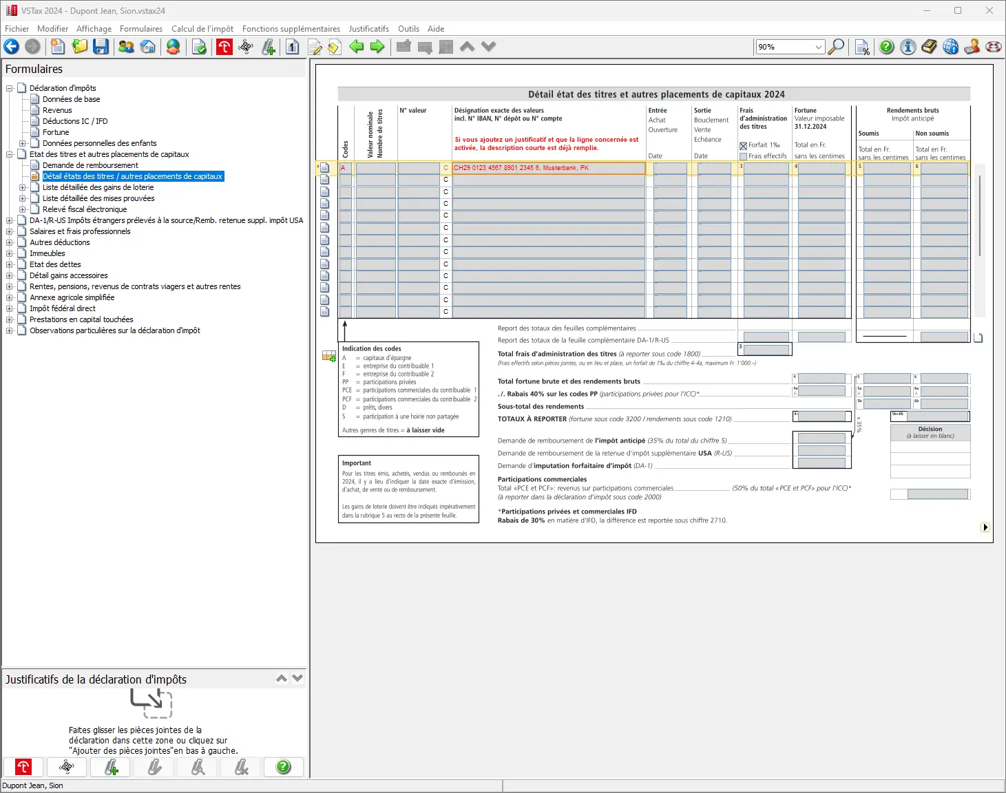 Liste détaillée des titres et des avoirs avec colonnes pour la valeur fiscale, les revenus et l'impôt anticipé