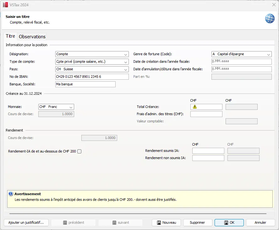 Masque de saisie pour saisir un compte bancaire avec IBAN, devise et solde au 31.12