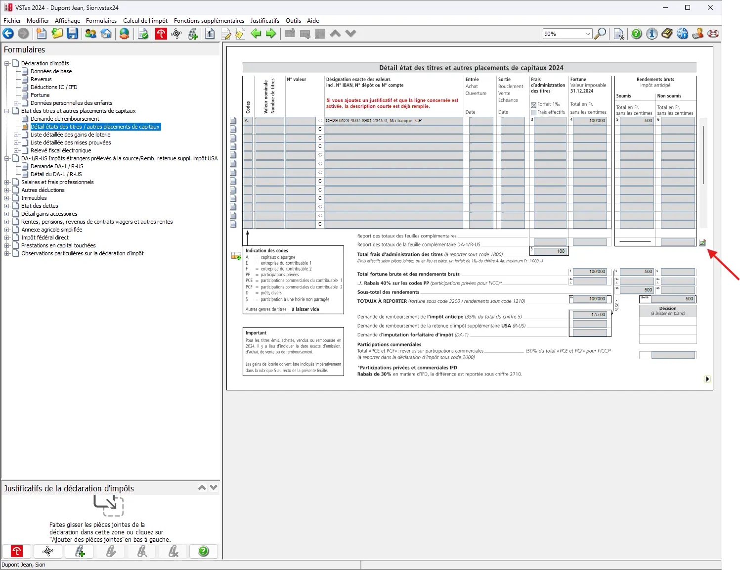 Vue détaillée de l'état des titres avec report marqué des revenus et des valeurs fiscales