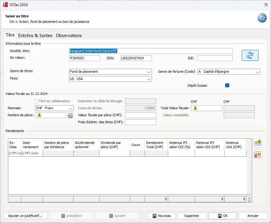 Liste détaillée DA-1/R-US pour les titres étrangers avec impôt à la source et remboursement