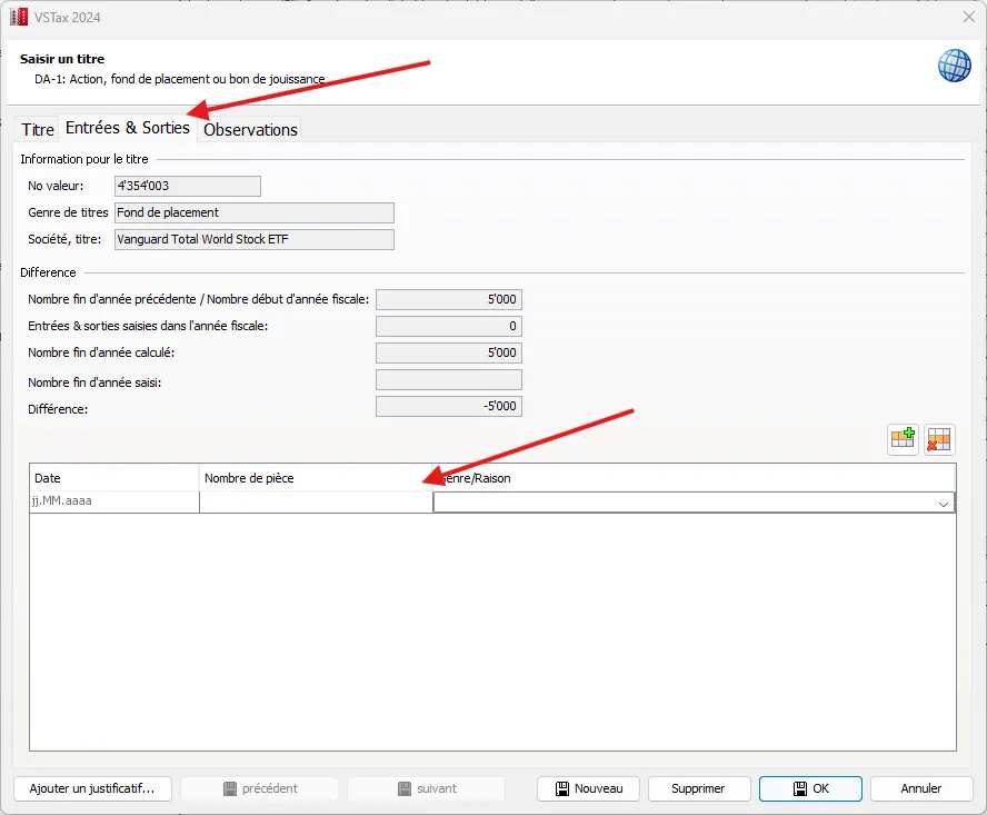 Saisie de l'ETF VT dans le DA-1/R-US avec les informations sur le numéro de valeur, l'ISIN et l'État des États-Unis