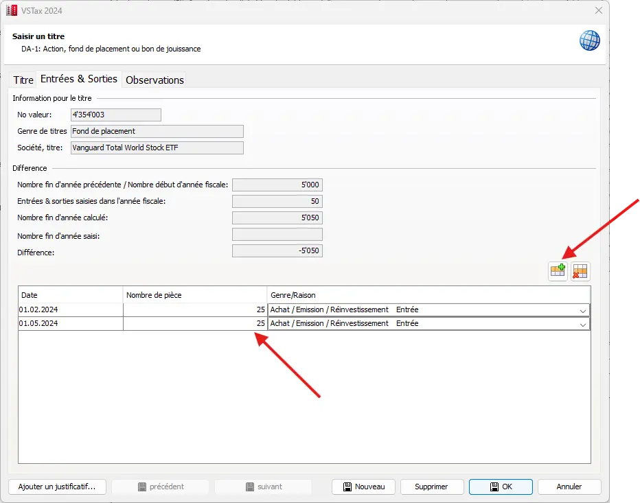 Onglet 'Entrées et sorties' pour saisir les achats et les réinvestissements de titres