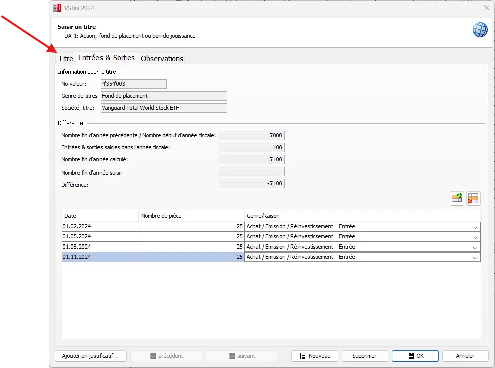 Aperçu des mouvements de titres avec le nombre d'unités, la date et le type d'entrée