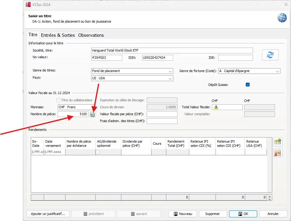 Masque de saisie pour saisir le nombre d'unités et les revenus de dividendes d'un titre étranger