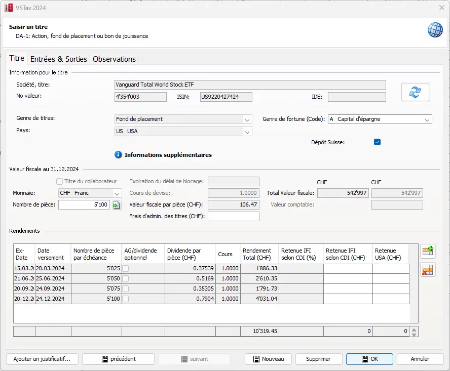 Masque détaillé pour saisir un ETF avec la valeur fiscale, le nombre de parts et les revenus de dividendes au 31 décembre