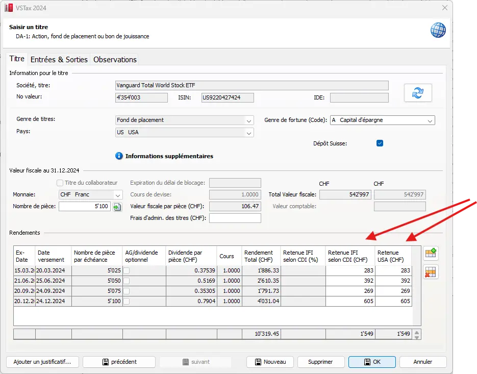 Saisie des titres avec impôt à la source étranger déclaré et retenue USA par revenu de dividendes