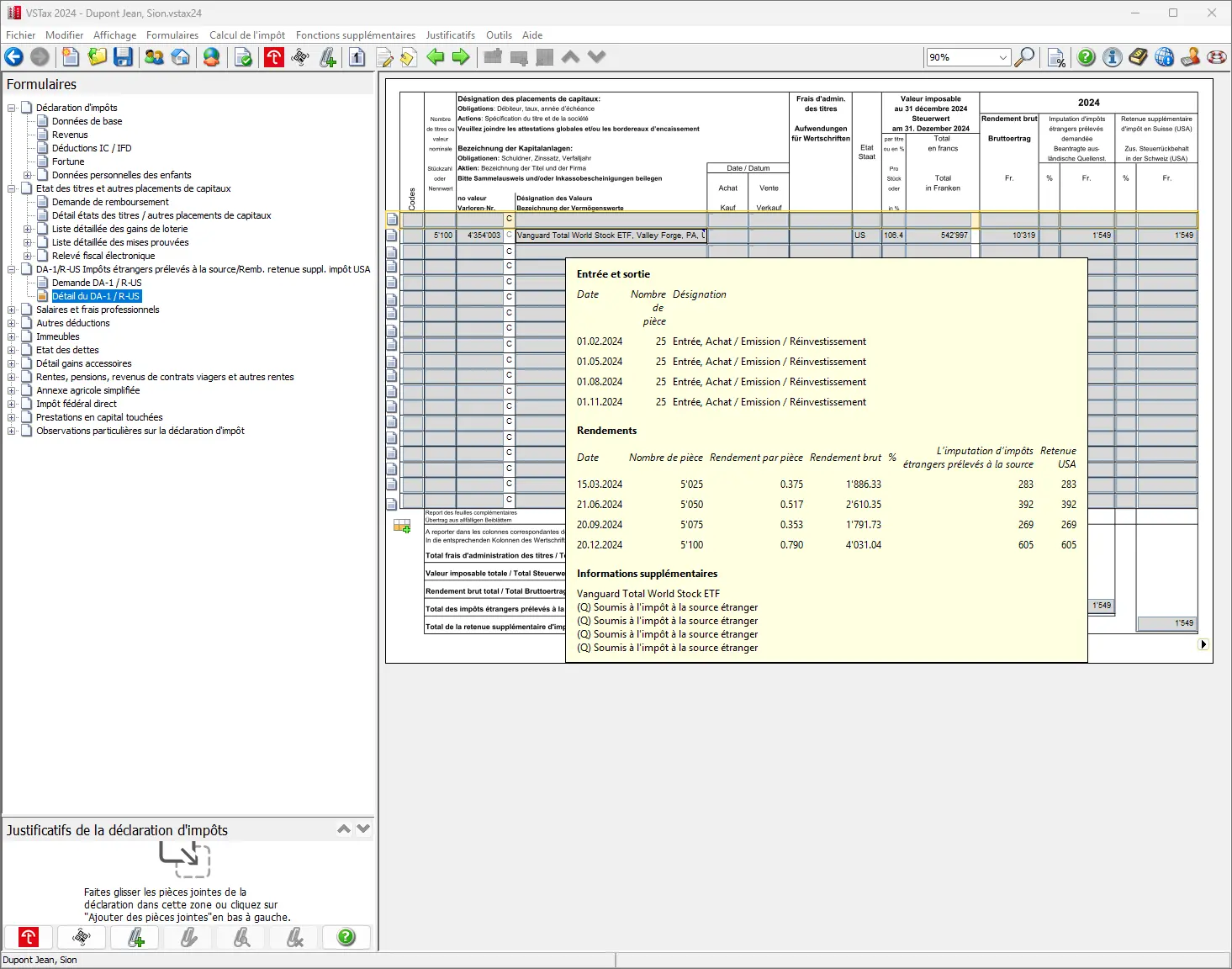 Aperçu détaillé DA-1/R-US avec liste des entrées, des sorties et des revenus de dividendes