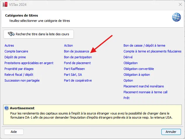 Liste des titres et avoirs avec valeurs fiscales transférées et revenus totaux