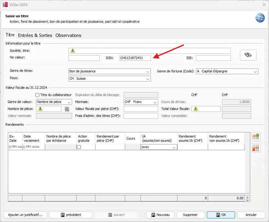 Sélection de la catégorie de titres pour saisir les actions, les fonds de placement ou les parts sociales