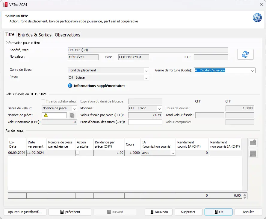 Saisie d'un titre suisse avec ISIN, valeur fiscale et saisie des dividendes