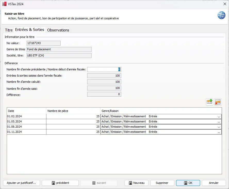 Onglet 'Entrées et sorties' pour saisir les achats et les réinvestissements d'un titre suisse
