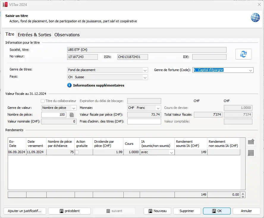 Saisie d'un titre suisse avec le nombre de parts, la valeur fiscale et le revenu du dividende au 31.12
