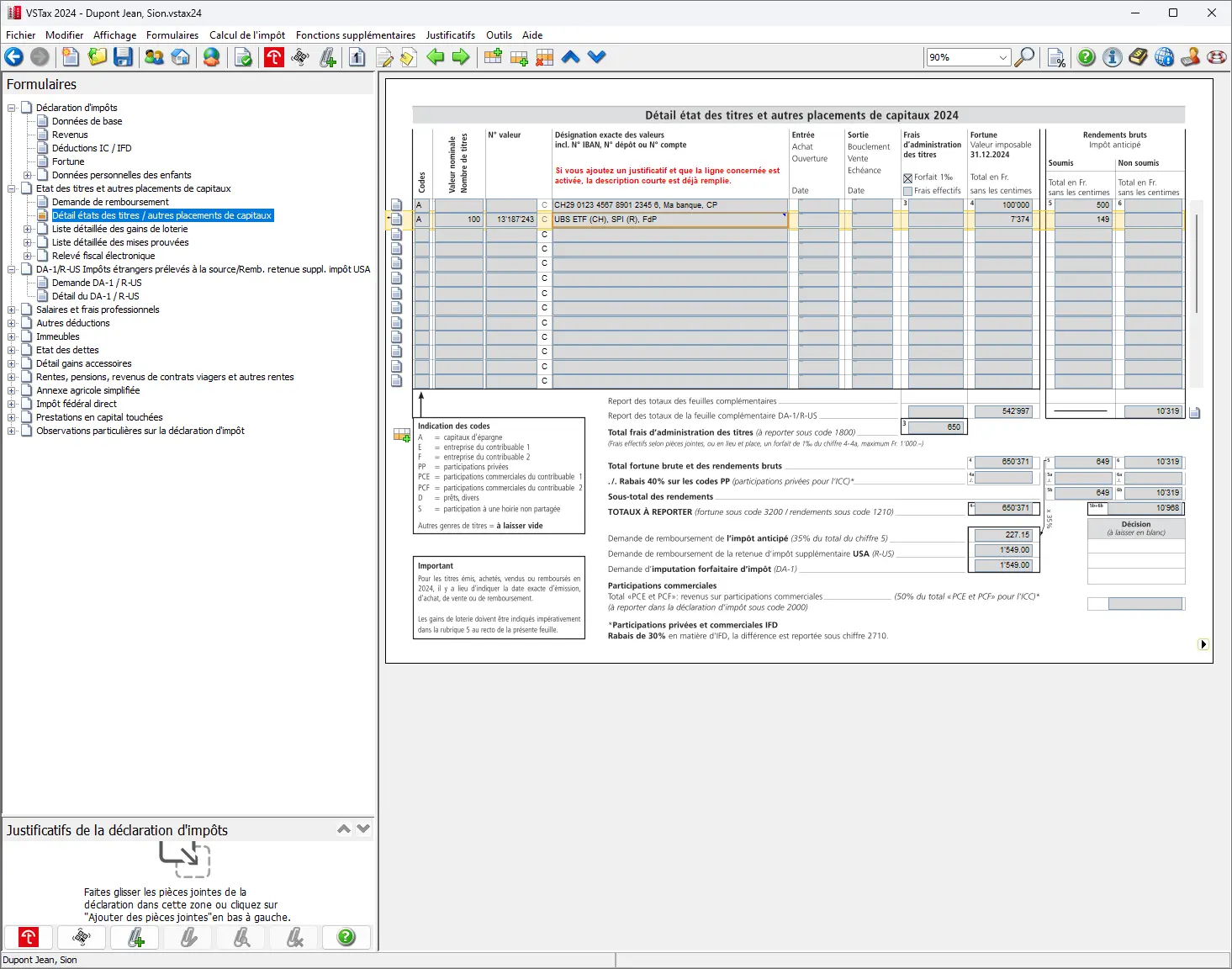 Inscription d'une position ETF suisse dans le registre des titres avec la valeur fiscale et les revenus