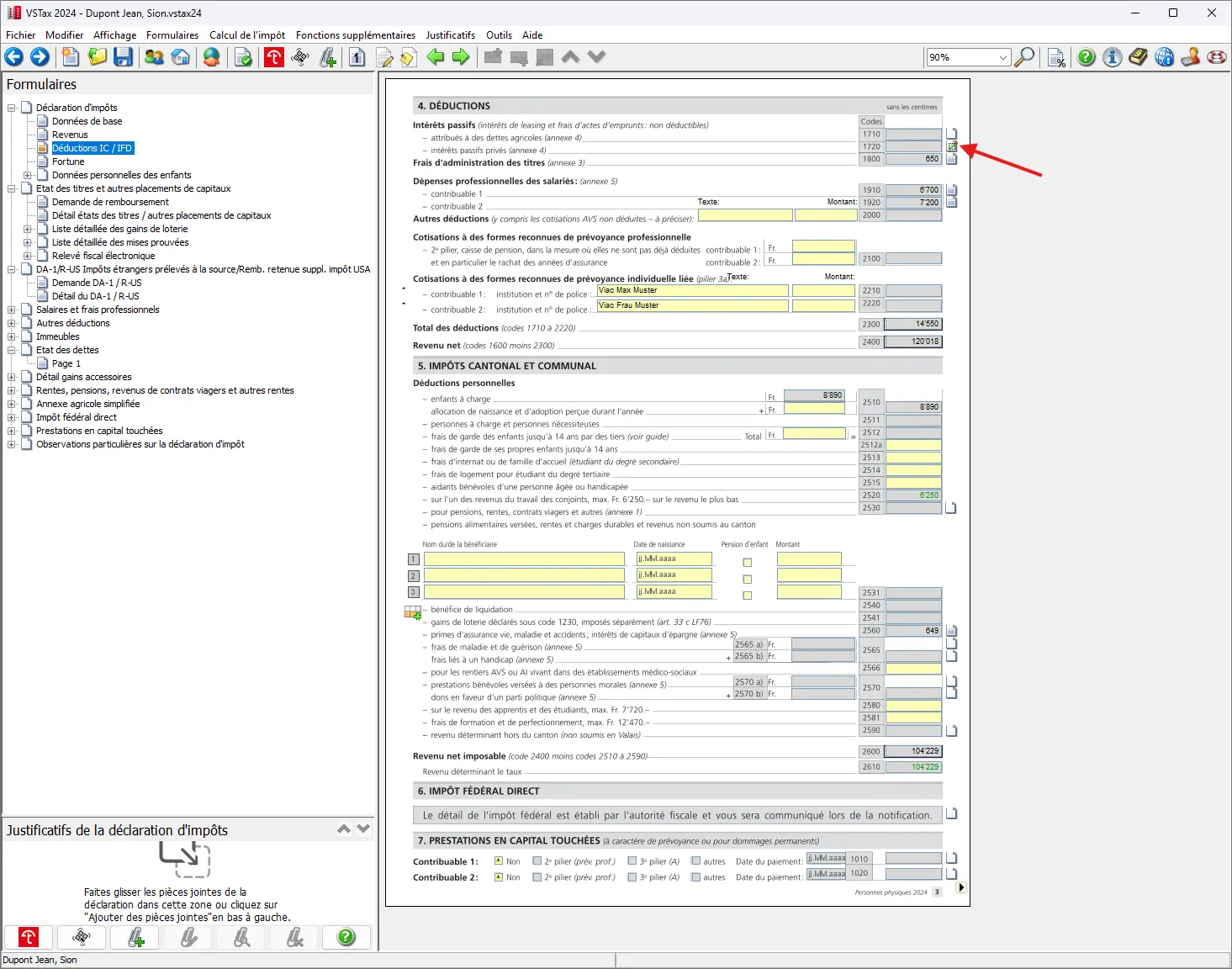 Formulaire 'Déductions canton / Confédération' avec frais d'administration marqués pour les titres