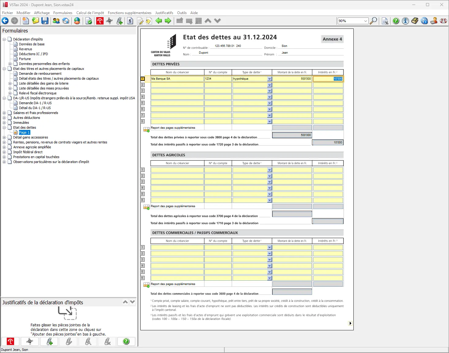 Liste des dettes avec hypothèque, intérêts débiteurs et report dans la déclaration d'impôts