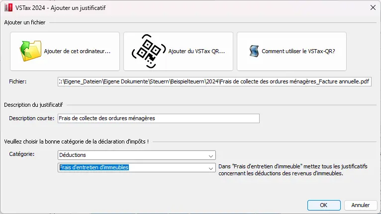 Boîte de dialogue pour ajouter des justificatifs pour les frais immobiliers et d'entretien effectifs