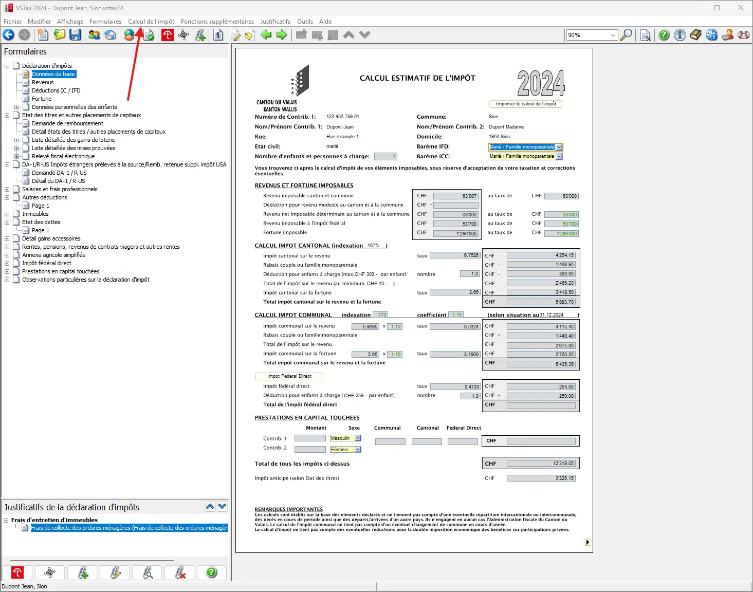 Aperçu du calcul prévisionnel de l'impôt avec le revenu, la fortune et l'impôt total