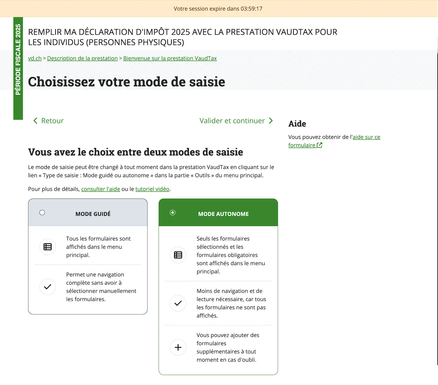 Choix du mode de saisie dans VaudTax