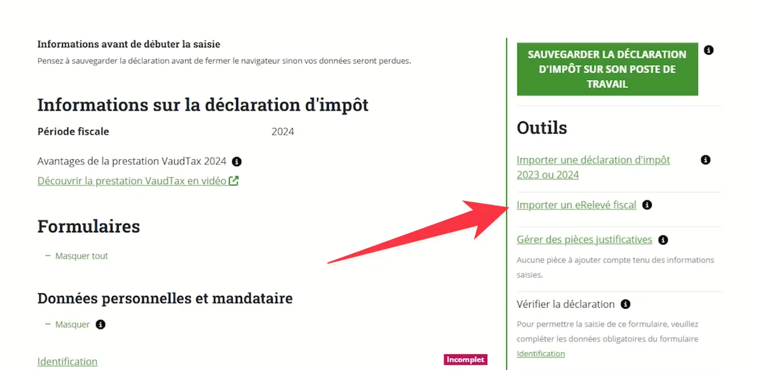 Menu pour importer un e-relevé fiscal