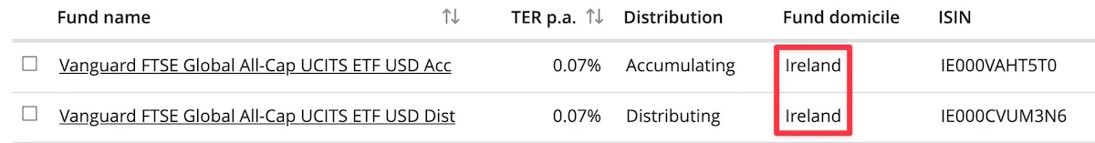 VALLD and VALL ETFs on justETF showing their domicile in Ireland